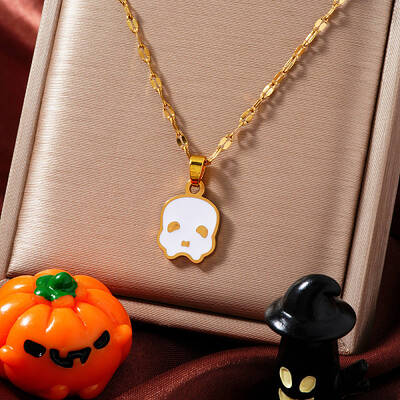 Stainless Steel Enamel Halloween Skull Pendant Dapped Chain Necklaces
