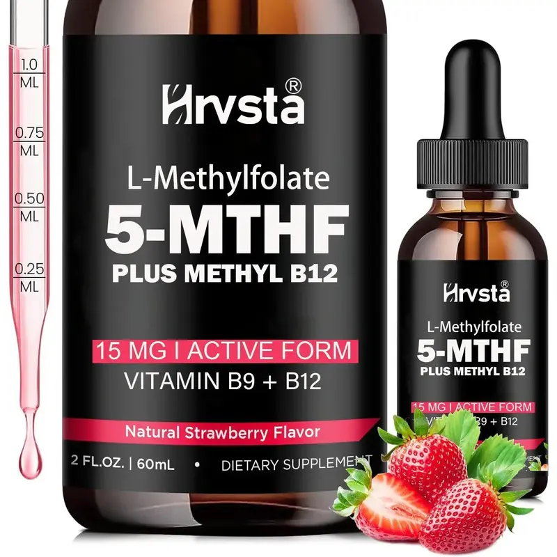 HOT! HRVSTA L Methyl Folate 15mg Plus Methyl B12 Cofactor – Organic Berry Flavor, High Potency Liquid Sublingual Active 5-M...