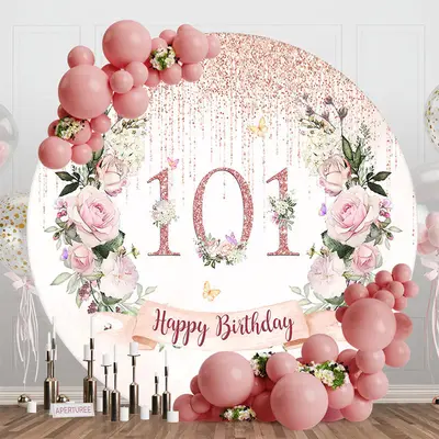 Glitter Tassels Floral Round 101st Birthday Backdrop - Aperturee