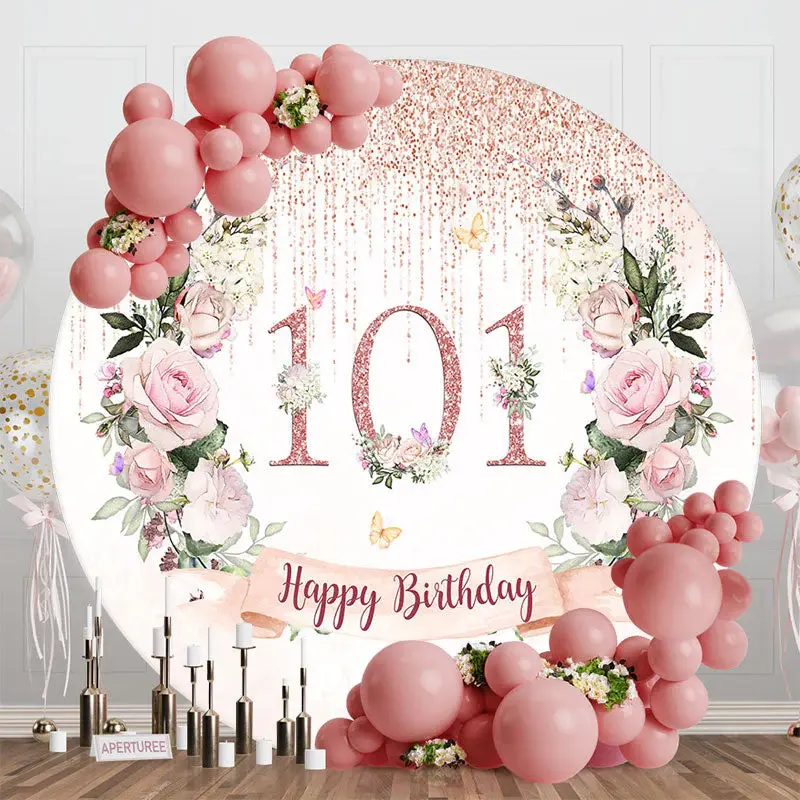 Glitter Tassels Floral Round 101st Birthday Backdrop - Aperturee
