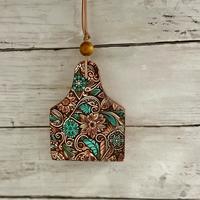 decorative hanging car freshie, cow tag, cardstock leather brown/teal