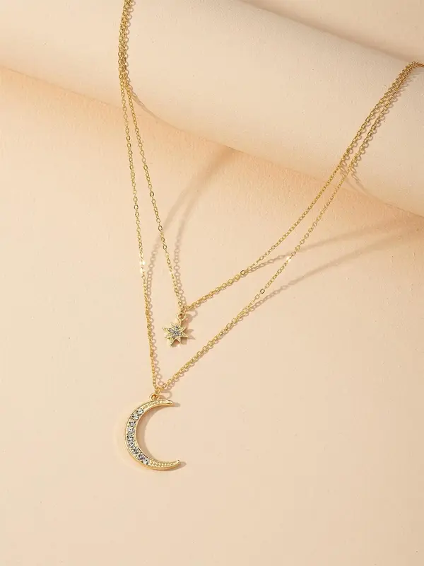 Moon & Star Design Layered Necklace for Women, Elegant All-match Pendant Necklace for Girls Gift, Female Classic Fashion Jewe...