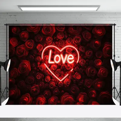 Aperturee Dense Red Rose Neon Love Valentines Day Backdrop | Valentine Photo Backdrop | Valentine'S Day Backdrops | Photo Boo...