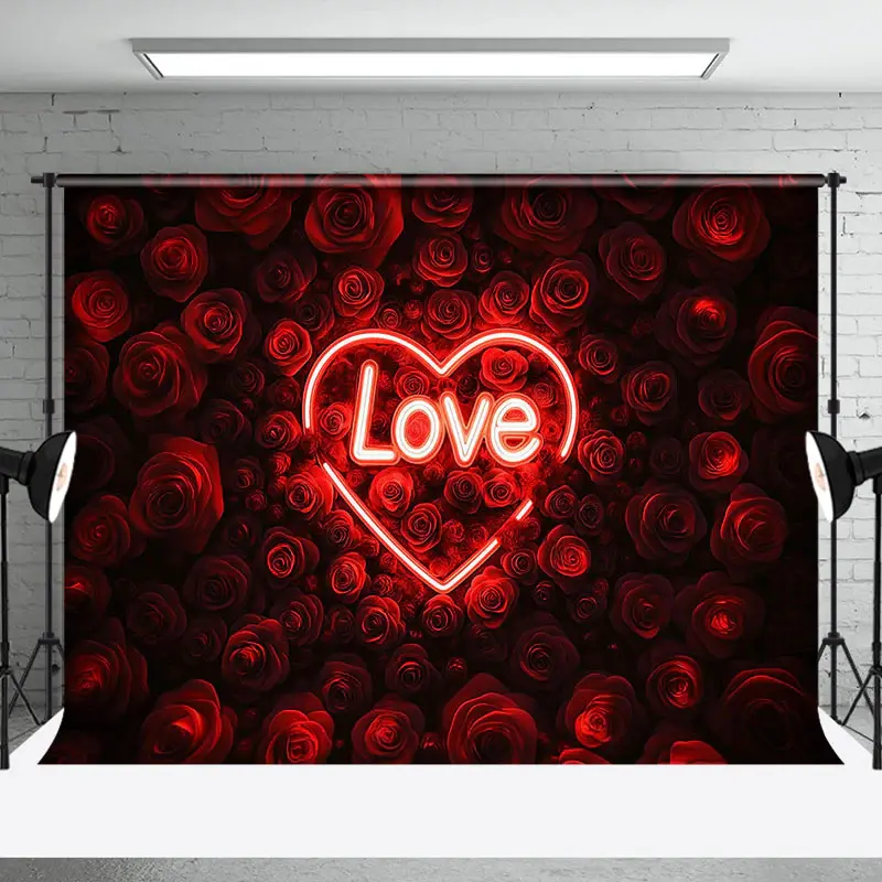 Aperturee Dense Red Rose Neon Love Valentines Day Backdrop | Valentine Photo Backdrop | Valentine'S Day Backdrops | Photo Boo...