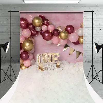 Pink Red Gold Balloons Sweep Backdrop For Cake Smash - Aperturee
