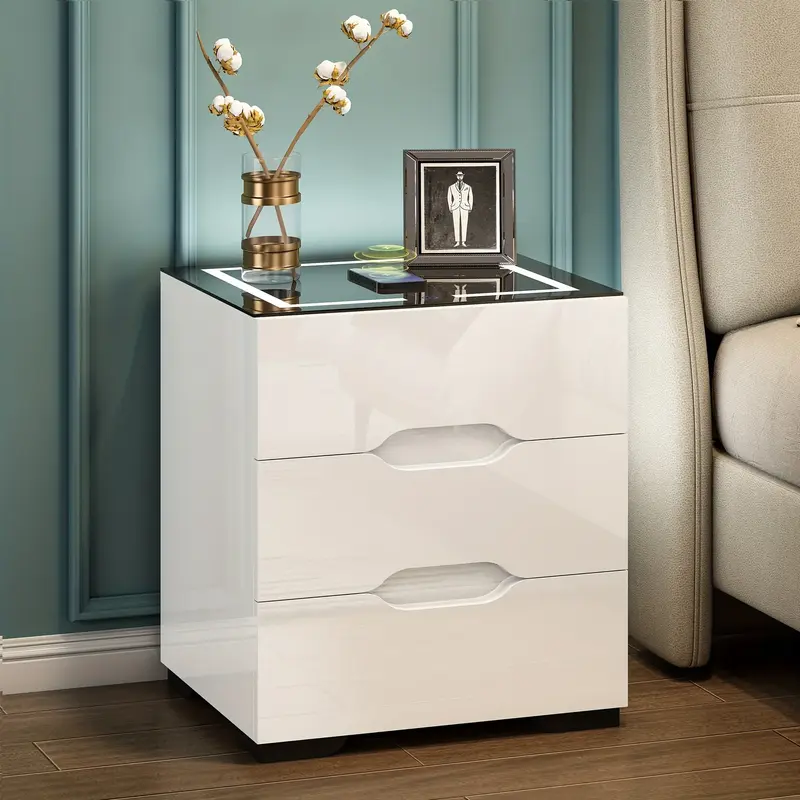 High-Gloss Bedside Table with Wireless Charging, US Plug 110-240V, with Light and USB Socket shaker cabinets