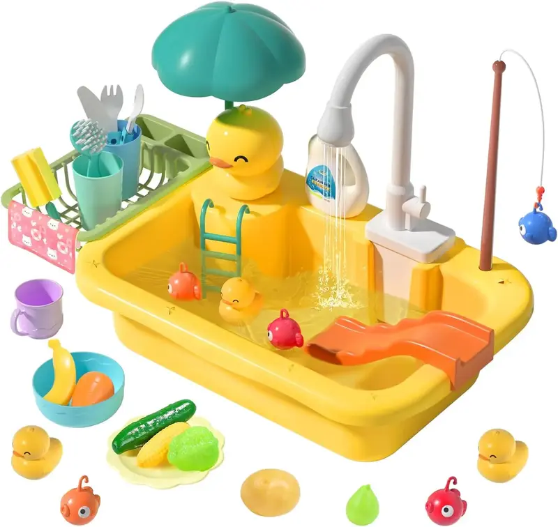 CUTE STONE Play Sink with Running Water, Kitchen Sink Toys with Play Food and Kitchen Utensils, Pool Floating Toys for Fishin...