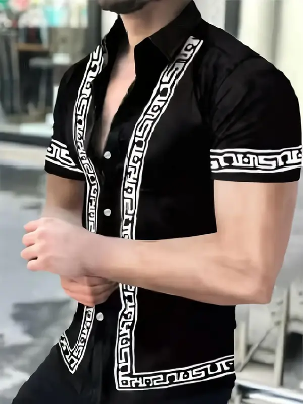 Men's Ethnic Patchwork Print Button Front Shirt, Regular Fit Casual Streetwear Short Sleeve Collared Top for Daily Outdoor W...