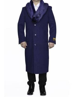 Moscow: INDIGO BLUE REMOVABLE FUR COLLAR MENS FULL LENGTH OVERCOAT