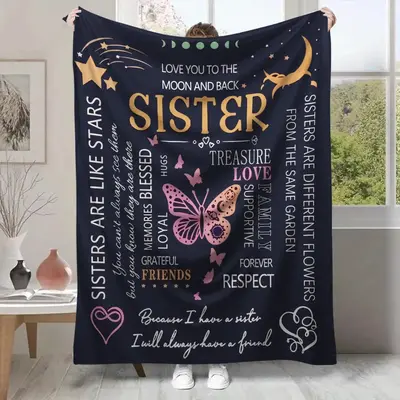 Butterfly & Letter Pattern Blanket, Present for Sister, Soft Warming Flannel Blanket, Napping Blanket for Rest Home Bedroom