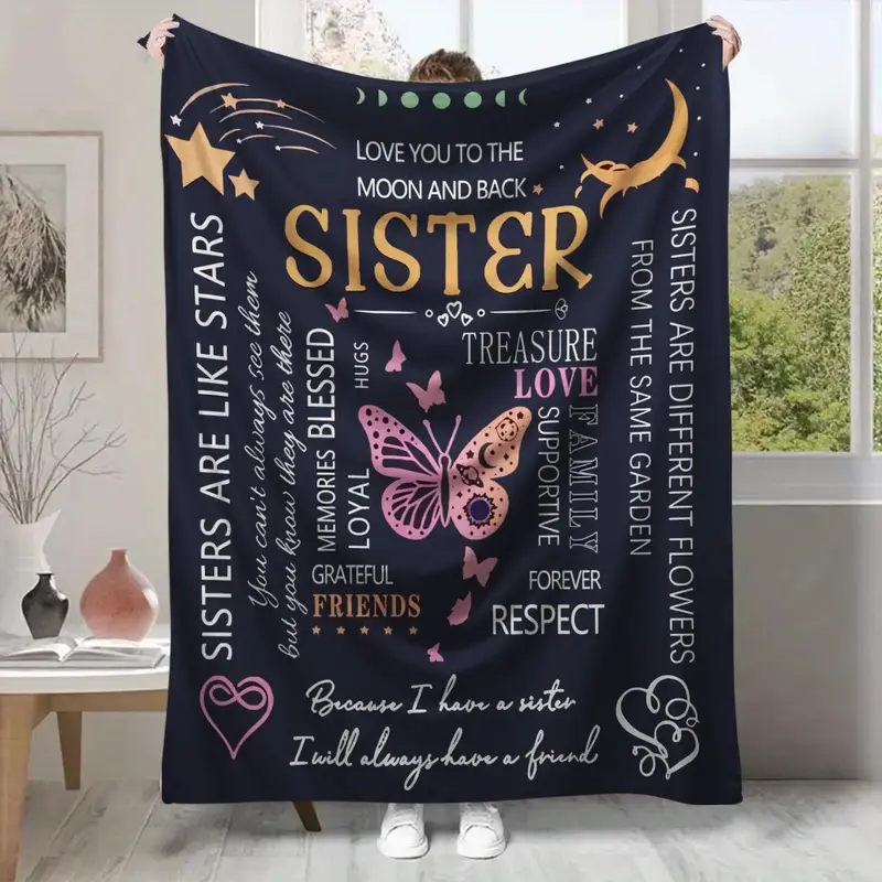 Butterfly & Letter Pattern Blanket, Present for Sister, Soft Warming Flannel Blanket, Napping Blanket for Rest Home Bedroom
