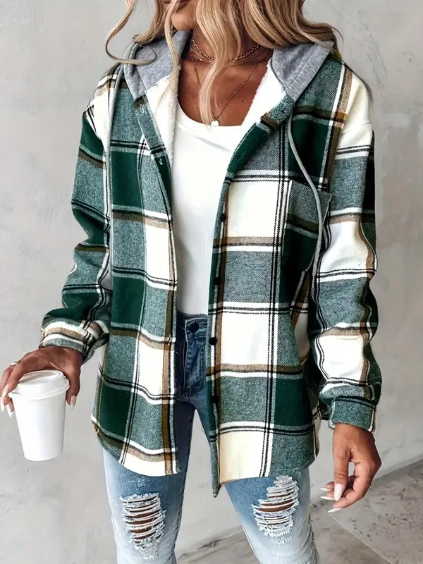 Women's Plaid Print Button Front Drawstring Hooded Coats, Casual Long Sleeve Drop Shoulder Outerwear for Women, Ladies Spring...