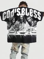 Men's Jesus & Letter Print Short Sleeve Graphic Tee, Regular Fit Casual Street Round Neck T-shirt for Summer, Men's Top for D...