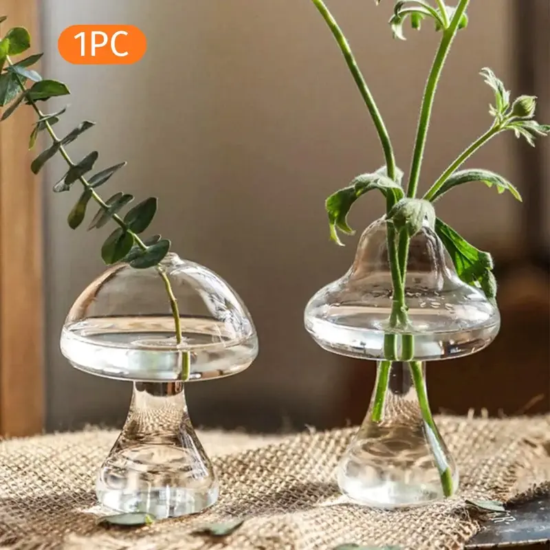 Clear Glass Flower Vase, 1 Count Modern Creative Plant Pot, Mushroom Shape Flower Vessel For Home Bedroom Balcony Decor