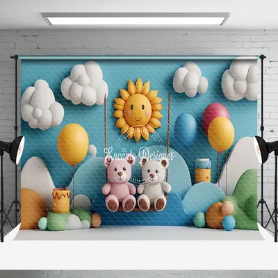Aperturee Blue Cloud Mountain Swing Bear Cake Smash Backdrop, 3X2FT(1MX0.6M), 14 USD, birthday cake smash backdrops, ENHD1J45...