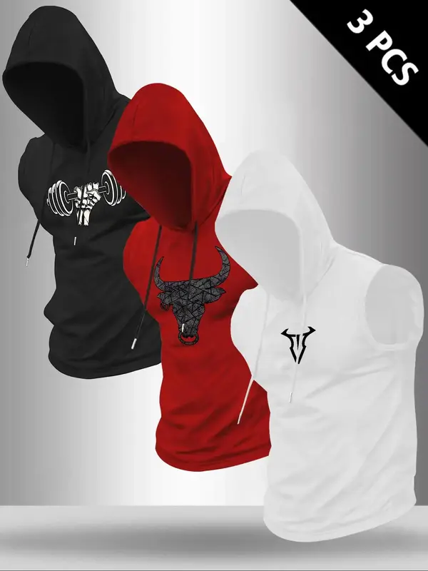 Men's Bull Head Print Hooded Tank Top, Regular Fit Casual Comfy Sleeveless Top for Summer, Men's Clothes for Outdoor Workout,...