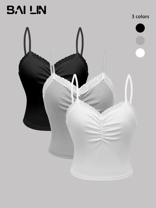 Women's Minimalist Contrast Lace Ruched Sleeveless Crop Cami Top, Tank Tops for Women, Essential Comfort Basic Solid Spaghett...