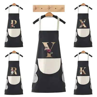 Flower & Letter Pattern Apron with Pocket, 1 Count Oil-proof Adjustable Apron, Stain-resistant Kitchen Cooking Apron for Rest...
