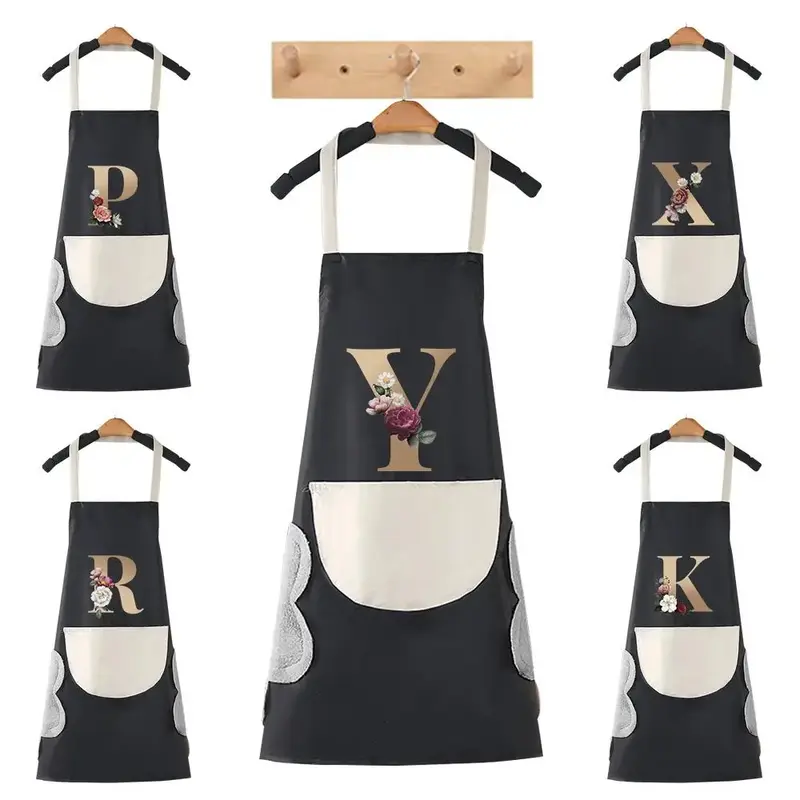 Flower & Letter Pattern Apron with Pocket, 1 Count Oil-proof Adjustable Apron, Stain-resistant Kitchen Cooking Apron for Rest...