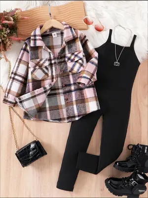Two-Piece Set Girl's Plaid Print Button Front Shirt & Overalls Set, Casual Long Sleeve Collared Top & Jumpsuit for Spring & F...