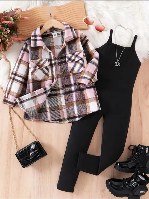 Two-Piece Set Girl's Plaid Print Button Front Shirt & Overalls Set, Casual Long Sleeve Collared Top & Jumpsuit for Spring & F...