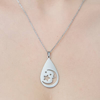 Non-Tarnish 201 Stainless Steel Hollow Teardrop with Moon Pendant Necklace
