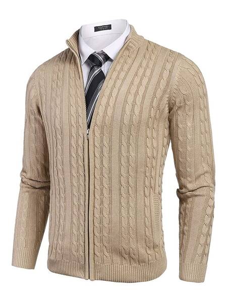 Cardigan Knitted Zip Up Sweater with Pockets (US Only), Khaki / XL