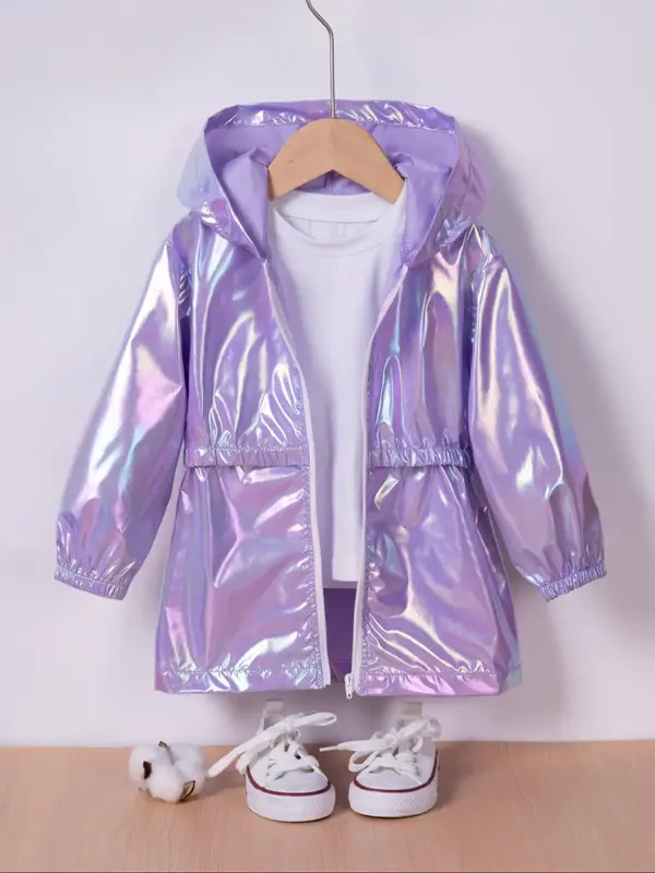 Girl's Reflective Zip Up Hooded Jacket & White Tee, Casual Fashion Long Sleeve Outerwear & T-shirt for Daily Outdoor Wear, Ki...