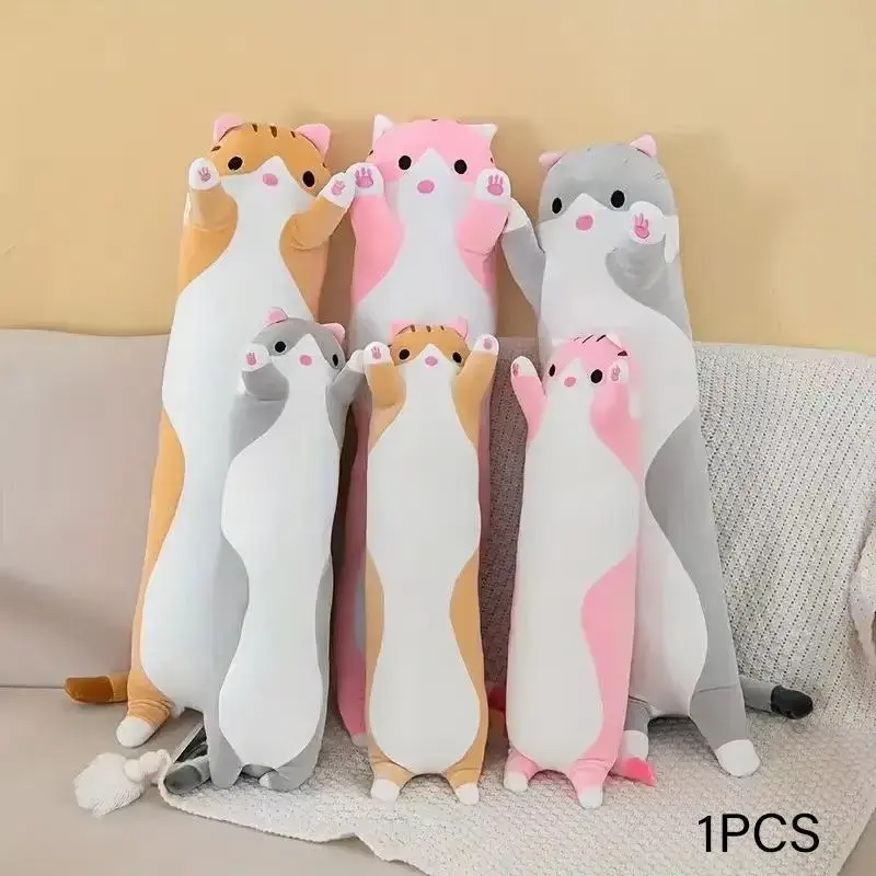 19.7/27.5in Adorable Long Strip Cat Plush Pillow, 1 Count Cute Cat Shaped Pillow with Comfort Surface, Soft Sleep Nap Pillow ...