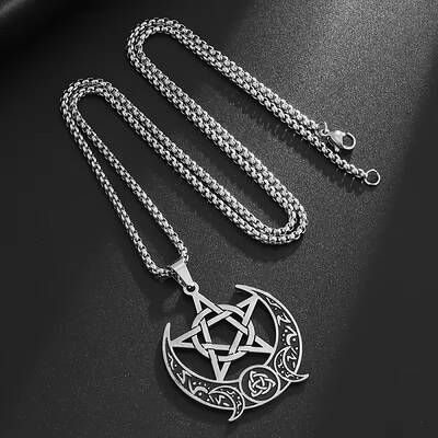 Moon Pentagram Stainless Steel Pendant Necklaces for Women Men