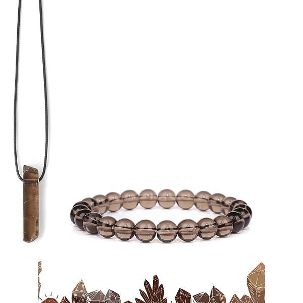 Natural Smoky Quartz Beads Stretch Bracelets & Pendant Necklaces Sets for Men