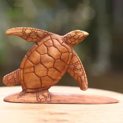 NOVICA Surfer Turtle Hand Carved Wood Sculpture Turtle on Surf Board from Bali