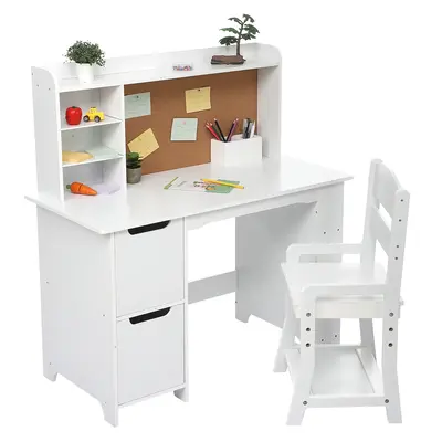Garvee Kids Wooden Study Desk & Chair Set with Bulletin Board, Cabinets and Bookshelf Suitable for Age 3-10, White