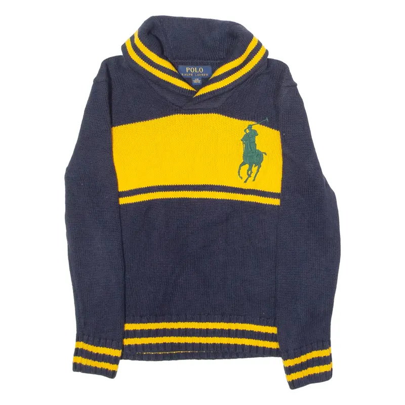 POLO RALPH LAUREN Boys Patterned Jumper Blue Striped Roll Neck Tight Knit S
