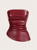 Women's Solid Color Pu Leather Tube Top, Slim Fit Fashionable Asymmetrical Hem Top for Daily Outdoor Wear, Ladies Clothes for...