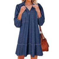 Dokotoo Denim Dress for Women Summer Casual Babydoll 2025 V Neck 3/4 Puff Sleeve Jean Dresses