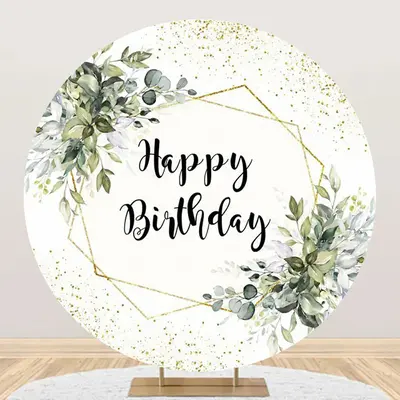 White Gold Glitter Leaves Round Birthday Backdrop - Aperturee