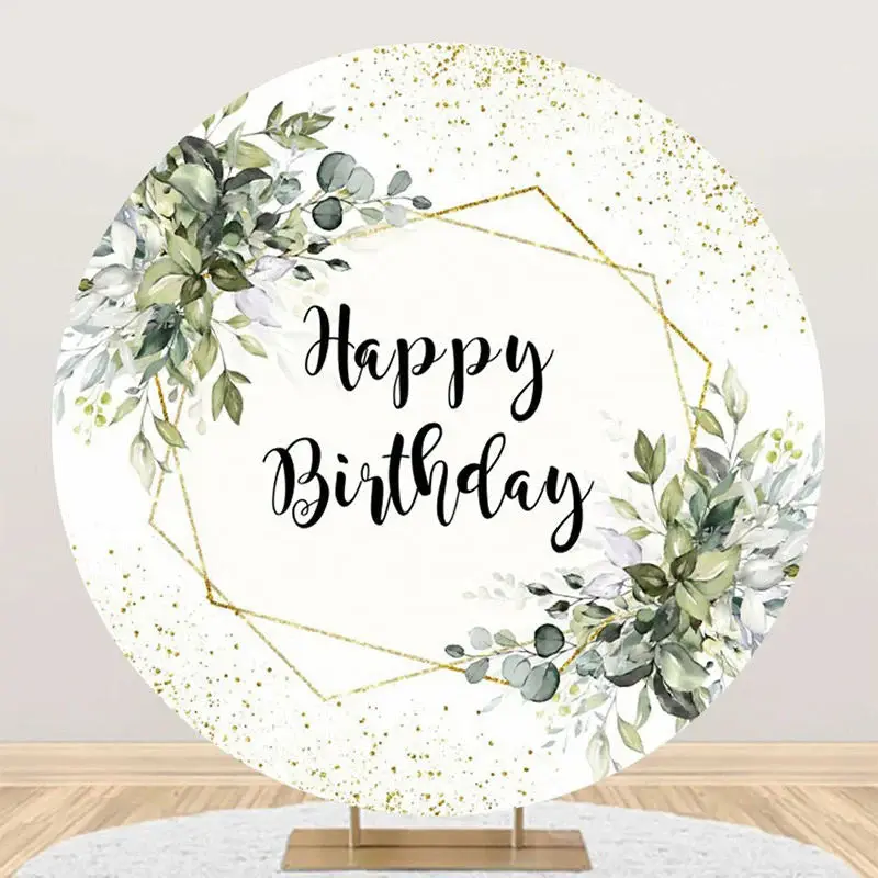 White Gold Glitter Leaves Round Birthday Backdrop - Aperturee
