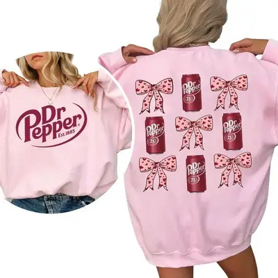 Dr Pepper Coquette Bow Pink Sweatshirt, Retro Soda Dr Pepper Shirt, 2 Sided Casual Classic Cotton Crewneck Graphic Shirt Gift...