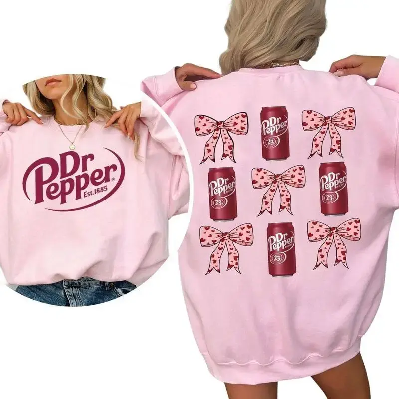 Dr Pepper Coquette Bow Pink Sweatshirt, Retro Soda Dr Pepper Shirt, 2 Sided Casual Classic Cotton Crewneck Graphic Shirt Gift...