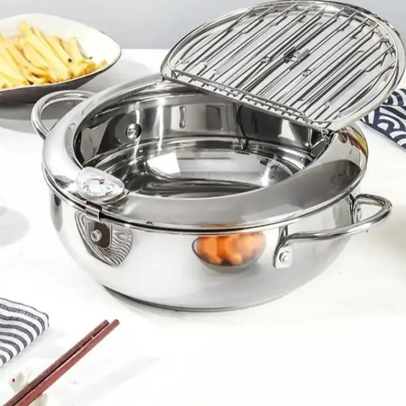 304 Stainless Steel Deep Fryer Pot with Thermometer Lid, Japanese Tempura Frying Pan for Chicken Fried Food, New Year Festiva...