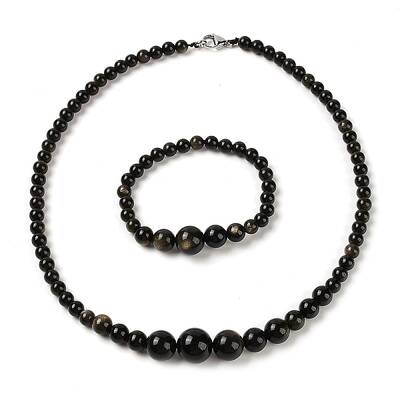 Natural Golden Sheen Obsidian Round Beads Bracelets & Necklaces Sets