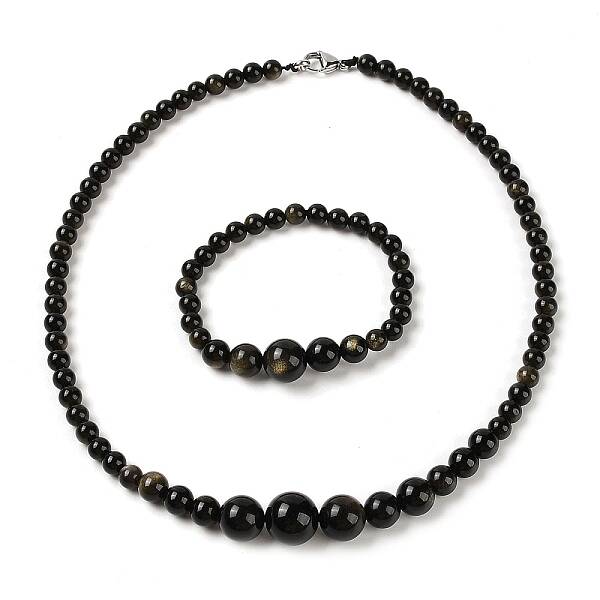 Natural Golden Sheen Obsidian Round Beads Bracelets & Necklaces Sets