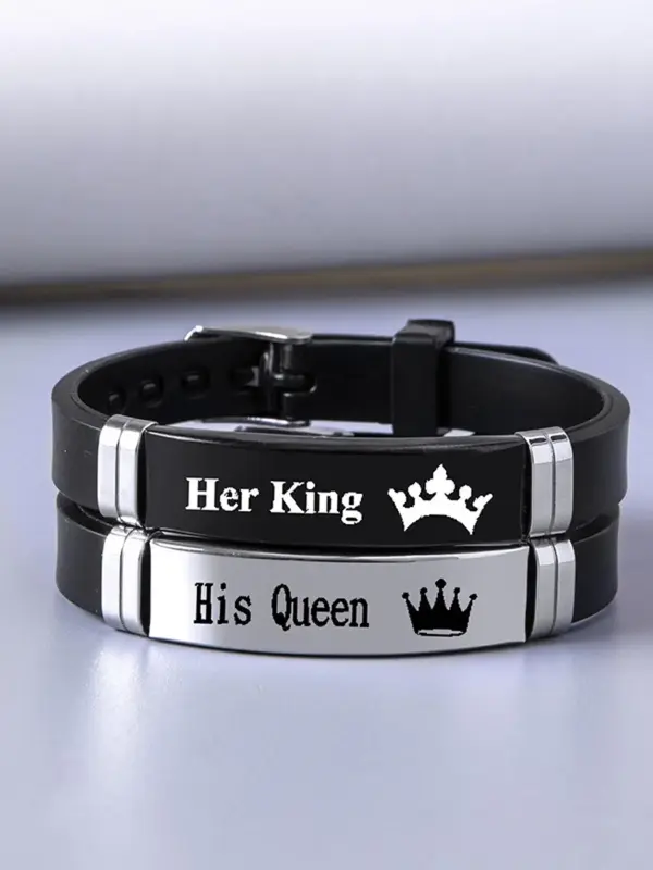 2pcs Crown & Letter Pattern Stainless Steel Bracelet, Watch Strap Design Bracelet, Fashionable Adjustable Couple Bracelet, Gi...