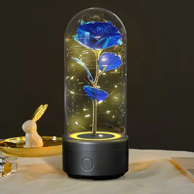 2-in-1 Rose Flowers LED Light & Bluetooth Speaker | Color: Black Base Blue Flower