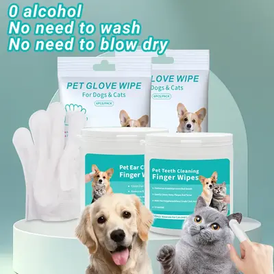 Pet Cleaning Kit - 100 Pet Care Finger Wipes + 12 Pet Glove Wipes, hypoallergenic pet wipes to keep pets clean, disposable no...
