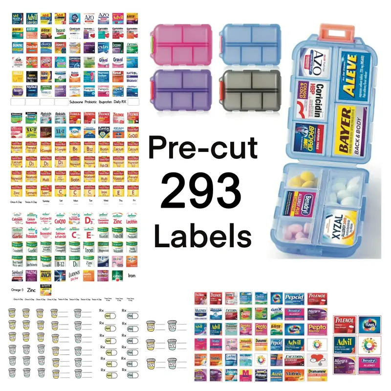 Travel Pill Organizer with 293 Pre-cut Pill Labels, Mini Stickers in Small, Medium, and Large Sizes for Pill Cases, Storage B...