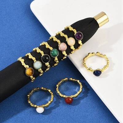 316 Stainless Steel with Natural Mixed Gemstone Cuff Rings