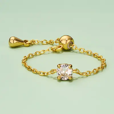 Oval/Rectangle/Heart CZ Adjustable Chain Ring - Gold / Round