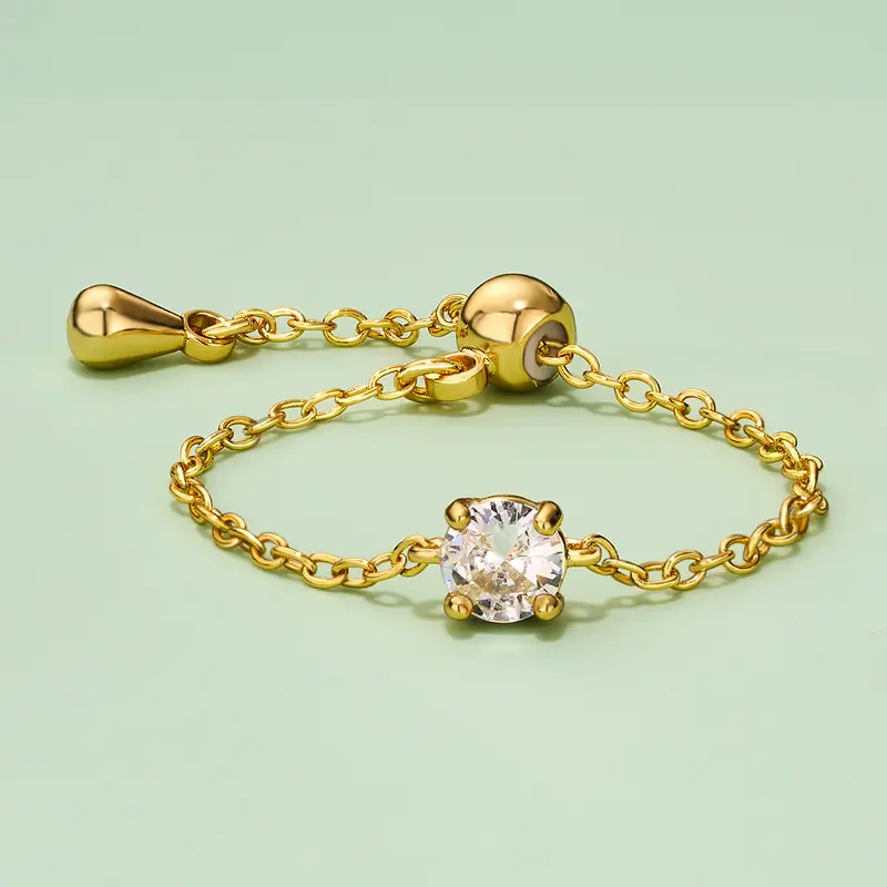Oval/Rectangle/Heart CZ Adjustable Chain Ring - Gold / Round